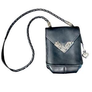 Brighton Black Leather Crossbody Bag with Silver Heart Charm & Silver Accents